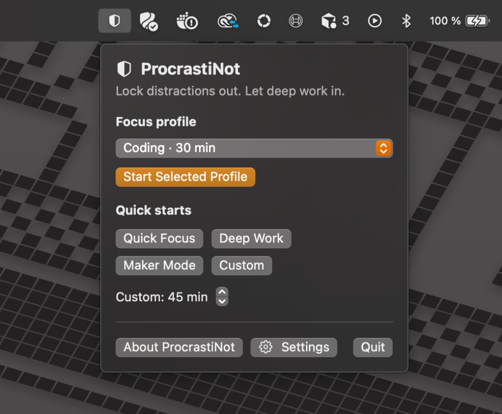 RubyMatilda menu bar view for starting a focus profile