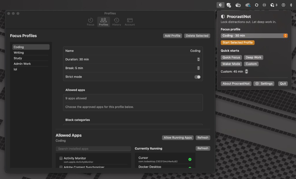 RubyMatilda settings with focus profiles and allowed apps